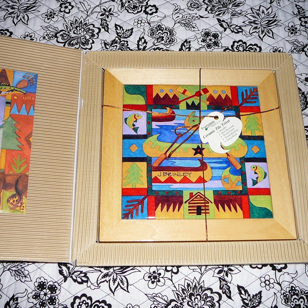 Ceramic Kitchen Trivet (Wood Frame) Mountains, Log Cabin Theme, Gift Idea